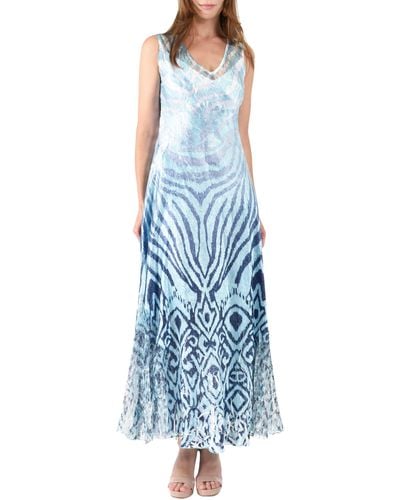 Komarov Lace-up Charmeuse & Lace Maxi Dress - Blue