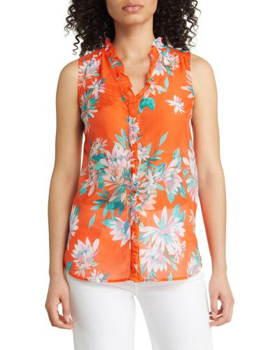 Tommy Bahama Joyful Bloom Sleeveless Cotton & Silk Button-up Blouse - Orange
