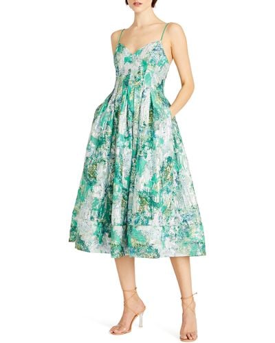 ML Monique Lhuillier Sage Floral Jacquard A-line Dress - Green
