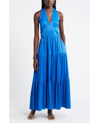 Nordstrom Tiered Satin Halter Maxi Dress - Blue