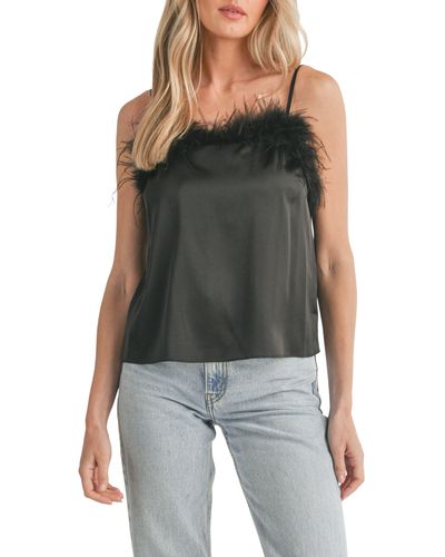 All In Favor Faux Feather Trim Satin Camisole In At Nordstrom, Size Medium - Black