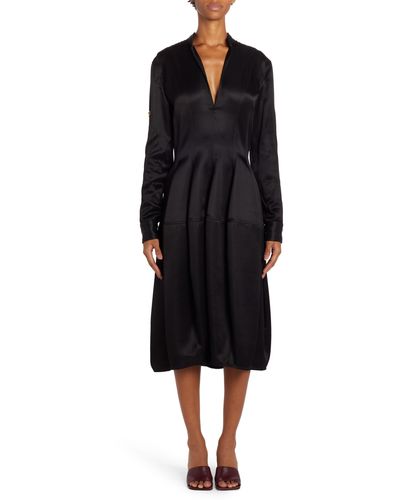 Bottega Veneta Washed Twill Long Sleeve Fit & Flare Midi Dress - Black