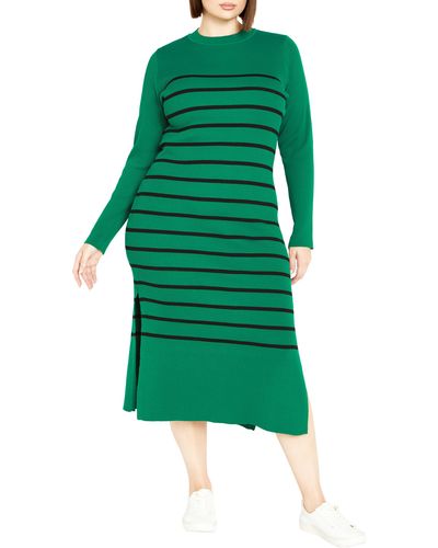 City Chic Maddie Stripe Long Sleeve Rib Dress - Green