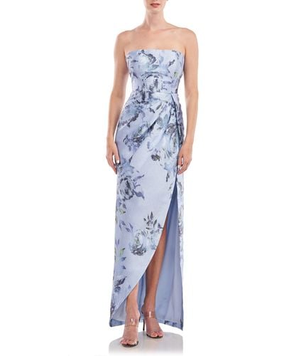 Kay Unger Chic Floral Strapless Column Gown - Blue