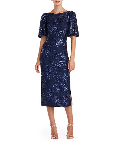 JS Collections Adel Sequin Lace Cocktail Midi Dress - Blue