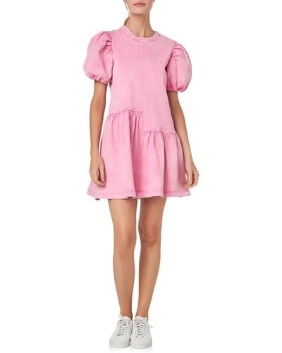 English Factory Mixed Media Puff Sleeve Denim Minidress - Pink