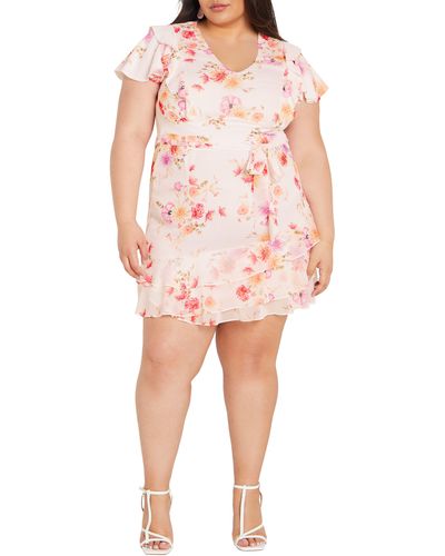 City Chic Floral Print Ruffle Sleeve Dress - Pink