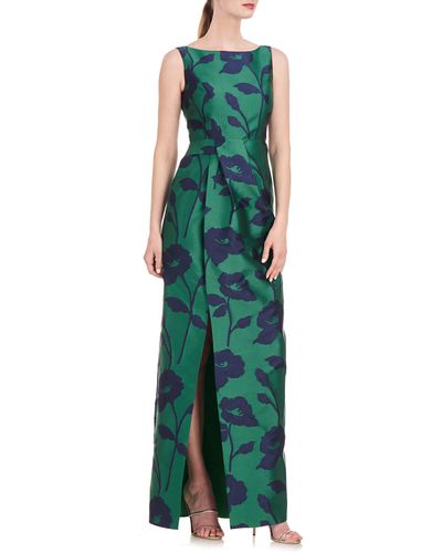 Kay Unger Bridgette Floral Jacquard Column Gown - Green