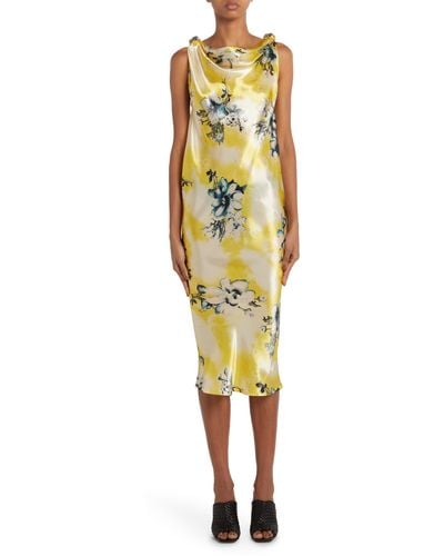 Bottega Veneta Floral Print Cupro Twill Dress - Yellow