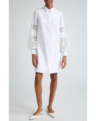 Lela Rose Lace Inset Long Sleeve Stretch Cotton Shirtdress - White