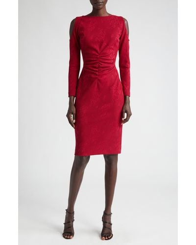 La Petite Robe Di Chiara Boni Corea Floral Jacquard Cold Shoulder Long Sleeve Sheath Dress - Red
