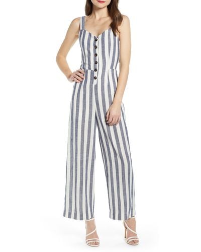 JOA Stripe Cotton & Linen Jumpsuit - Blue