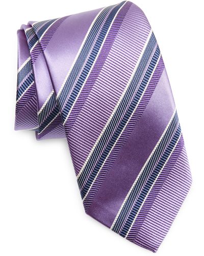 David Donahue Stripe Silk & Cotton Tie - Purple