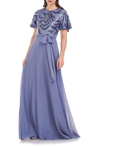 JS Collections Petra Sequin Flutter Sleeve Chiffon Gown - Purple