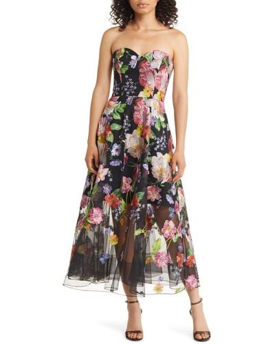 Marchesa Floral Embroidered Strapless Cocktail Dress - Multicolor