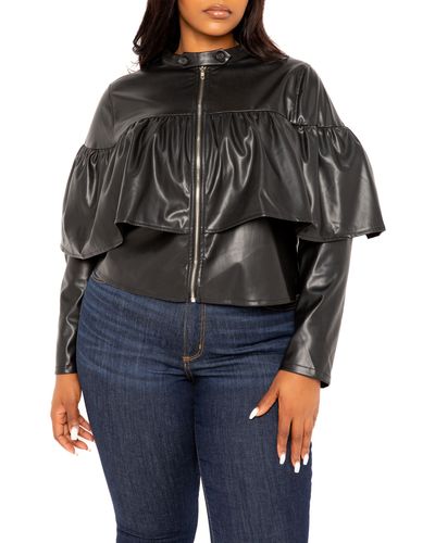 Buxom Couture Ruffle Crop Faux Leather Jacket - Black