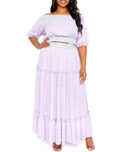 Buxom Couture Smocked Off The Shoulder Puff Sleeve Top & Maxi Skirt Set - Purple