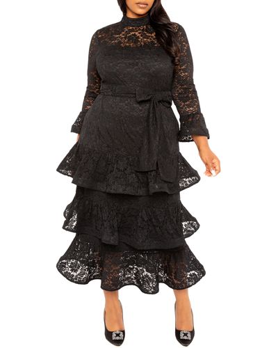 Buxom Couture Tiered Lace Long Sleeve Maxi Dress - Black
