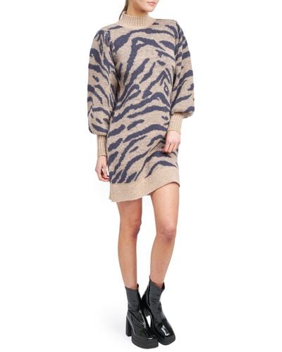 En Saison Mares Animal Pattern Long Sleeve Mock Neck Sweater Dress - Multicolor