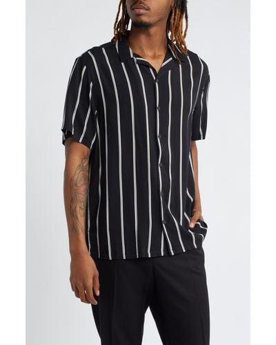 Open Edit Stripe Notched Collar Camp Shirt - Black