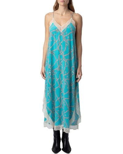 Zadig & Voltaire Ristyl Chaines Lace Trim Silk Maxi Dress - Blue