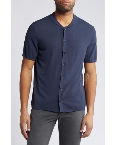 Robert Barakett Momentum Baseball Collar Short Sleeve Knit Button-up Shirt - Blue