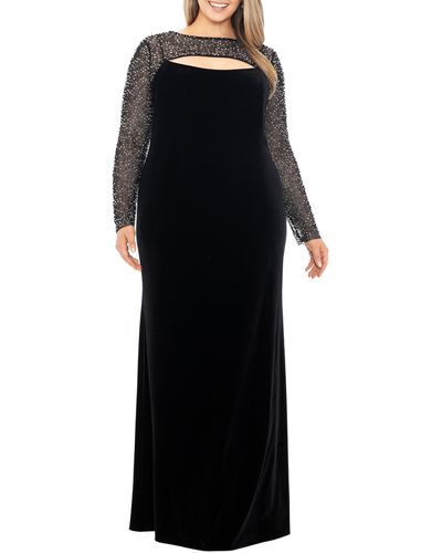 Betsy & Adam Faraj Embellished Cutout Long Sleeve Velvet Gown - Black