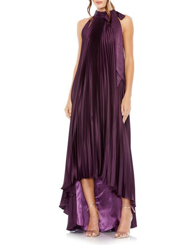 Ieena for Mac Duggal Pleated Tie Neck Satin High-low Dress - Purple