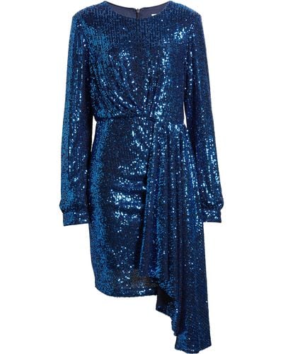Badgley Mischka Sequin Long Sleeve Drape Cocktail Minidress - Blue
