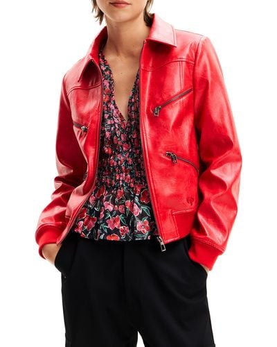 Desigual Kent Faux Leather Moto Jacket - Red
