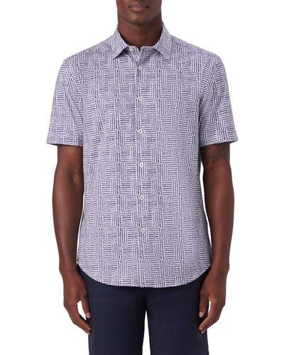 Bugatchi Ooohcotton® Geo Print Knit Short Sleeve Button-up Shirt - Purple