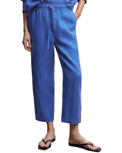 Mango Tie Waist Linen Crop Pants - Blue