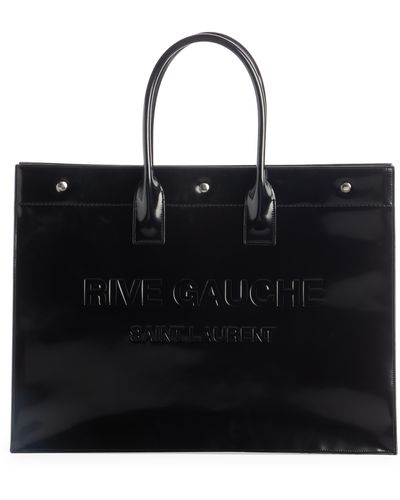 Saint Laurent Rive Gauche Logo Patent Leather Tote - Black