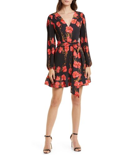 MILLY Liv Floral Micropleat Long Sleeve Dress - Red