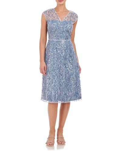 JS Collections Jay Sequin Illusion Neck Cocktail Dress - Blue