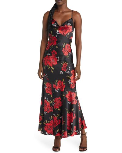 Lulus Extra Sultry Floral Cowl Neck Satin Slipdress - Red