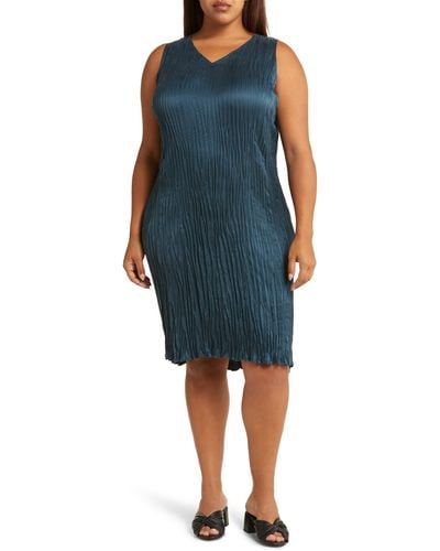Eileen Fisher Crinkled V-neck Plissé Sheath Dress - Blue