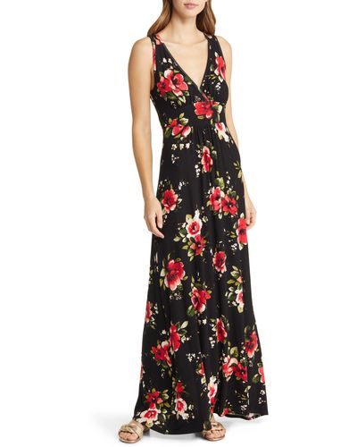 Loveappella Floral Print Sleeveless Jersey Maxi Dress - Black