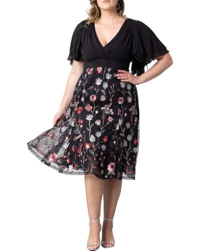 Kiyonna Lillian Embroidered Flutter Sleeve Cocktail Dress - Black