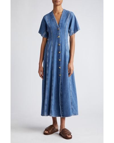 Ganni Future Button Front Organic Cotton Blend Denim Maxi Dress - Blue