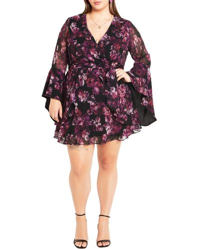 City Chic Gemma Floral Long Sleeve Wrap Dress - Purple