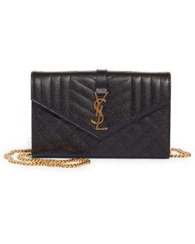 Saint Laurent Envelope Quilted Pebbled Leather Wallet on a Chain