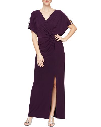 Alex Evenings Embellished Sleeve Knot Front Jersey Gown - Purple