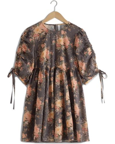 & Other Stories & Floral Puff Sleeve Shift Minidress - Brown