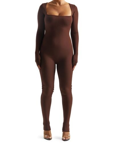 Naked Wardrobe Square Neck Long Sleeve Jumpsuit - Brown
