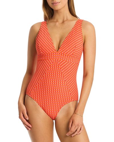 Sea Level Checkmate Panel Line Multifit One-piece Swimsuit - Orange
