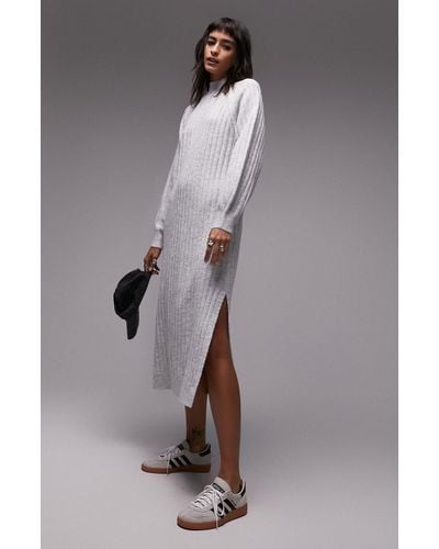 TOPSHOP Knitted High Neck Wide Rib Midi Dress - Gray