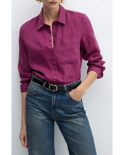 Mango Lino Linen Button-up Shirt - Purple