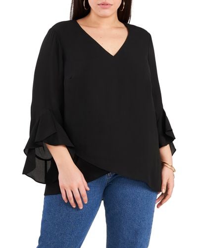 Vince Camuto Flutter Sleeve Crossover Georgette Tunic Top - Black