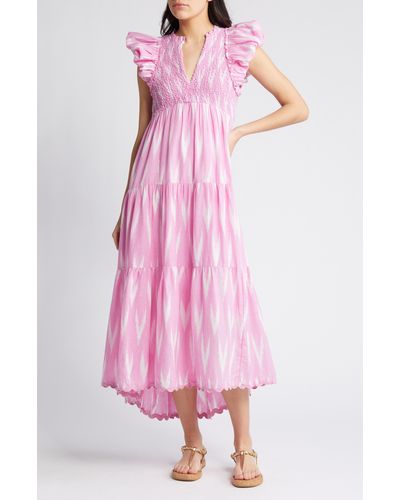 Saylor Almina Smocked Tiered Midi Dress - Pink